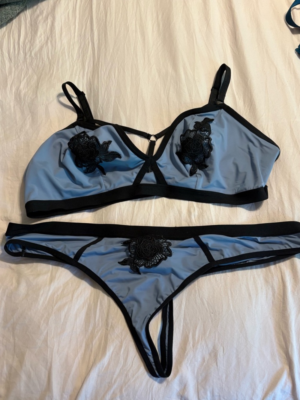 Maxima Sky Blue and Black Lace Appliqué Bra & Thong Set